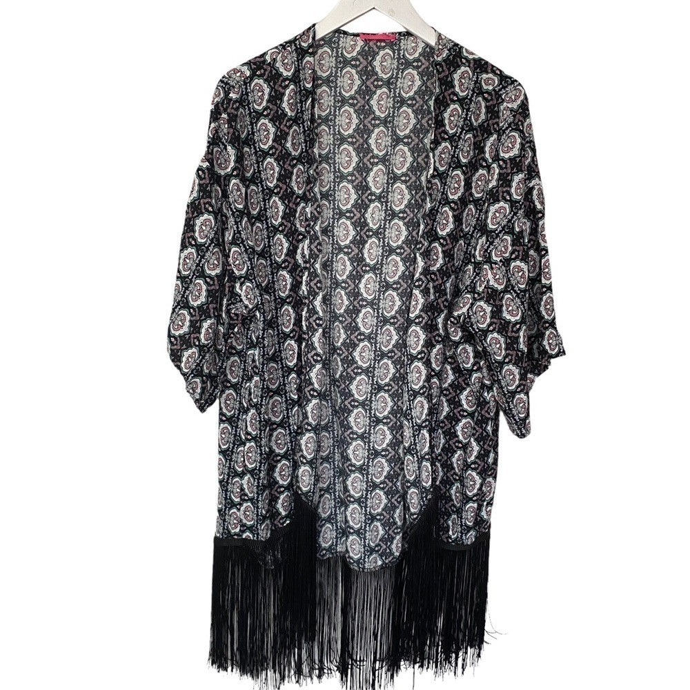⚡️ LAST CHANCE MARKDOWN !⭐Boho Fringe Kimono Size Medium Black  Print Womens Top